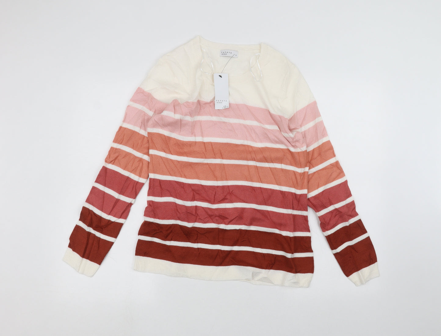 Papaya Womens White Striped  Basic T-Shirt Size 12