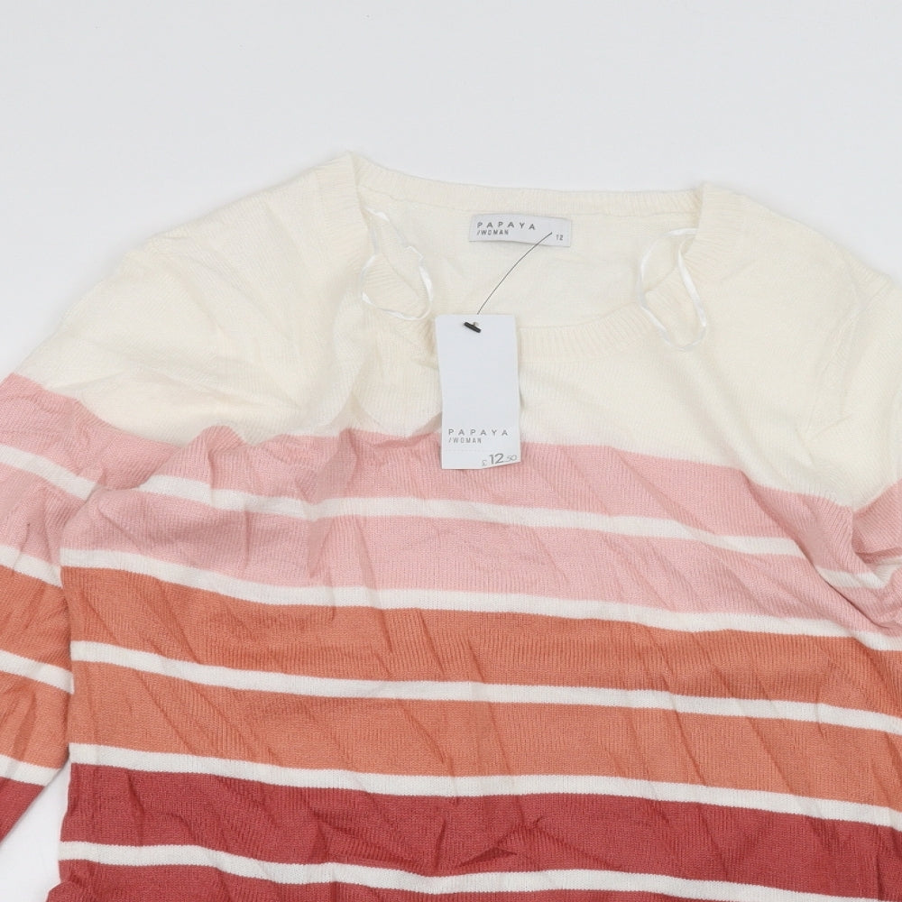 Papaya Womens White Striped  Basic T-Shirt Size 12