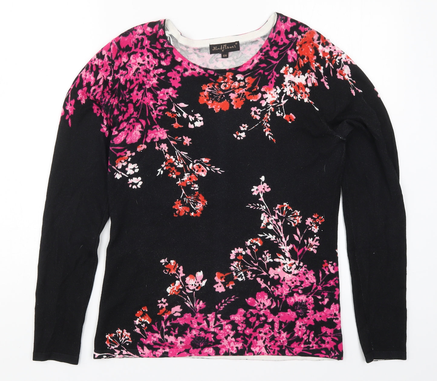 Mudflower Womens Black Floral Knit Pullover Jumper Size S  - Pink Flowers
