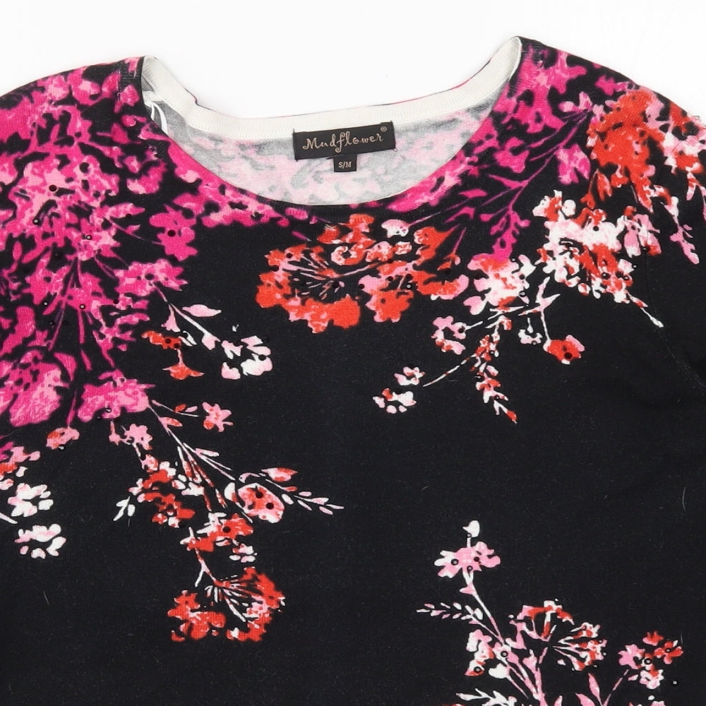 Mudflower Womens Black Floral Knit Pullover Jumper Size S  - Pink Flowers