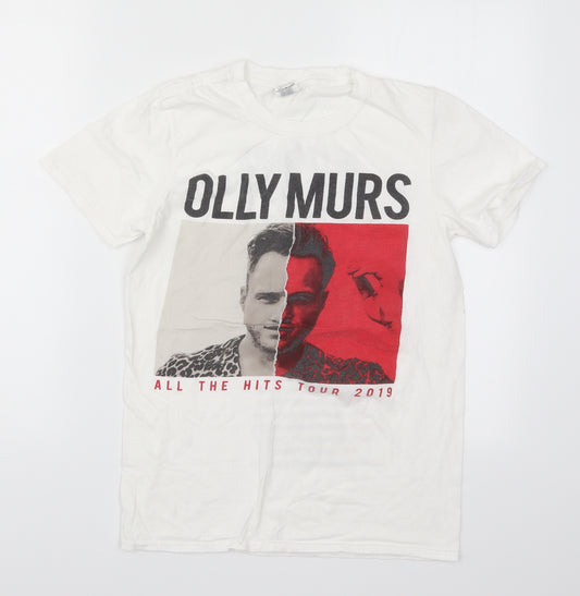 Front view of Gildan women’s white basic t-shirt, size S, - olly murs
