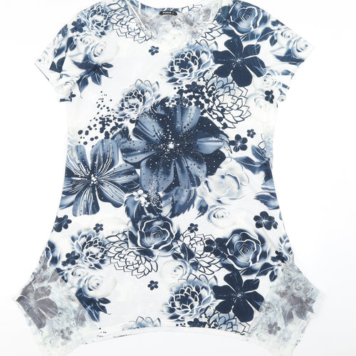 Roman Womens Blue Floral  Basic T-Shirt Size 14  - Longline