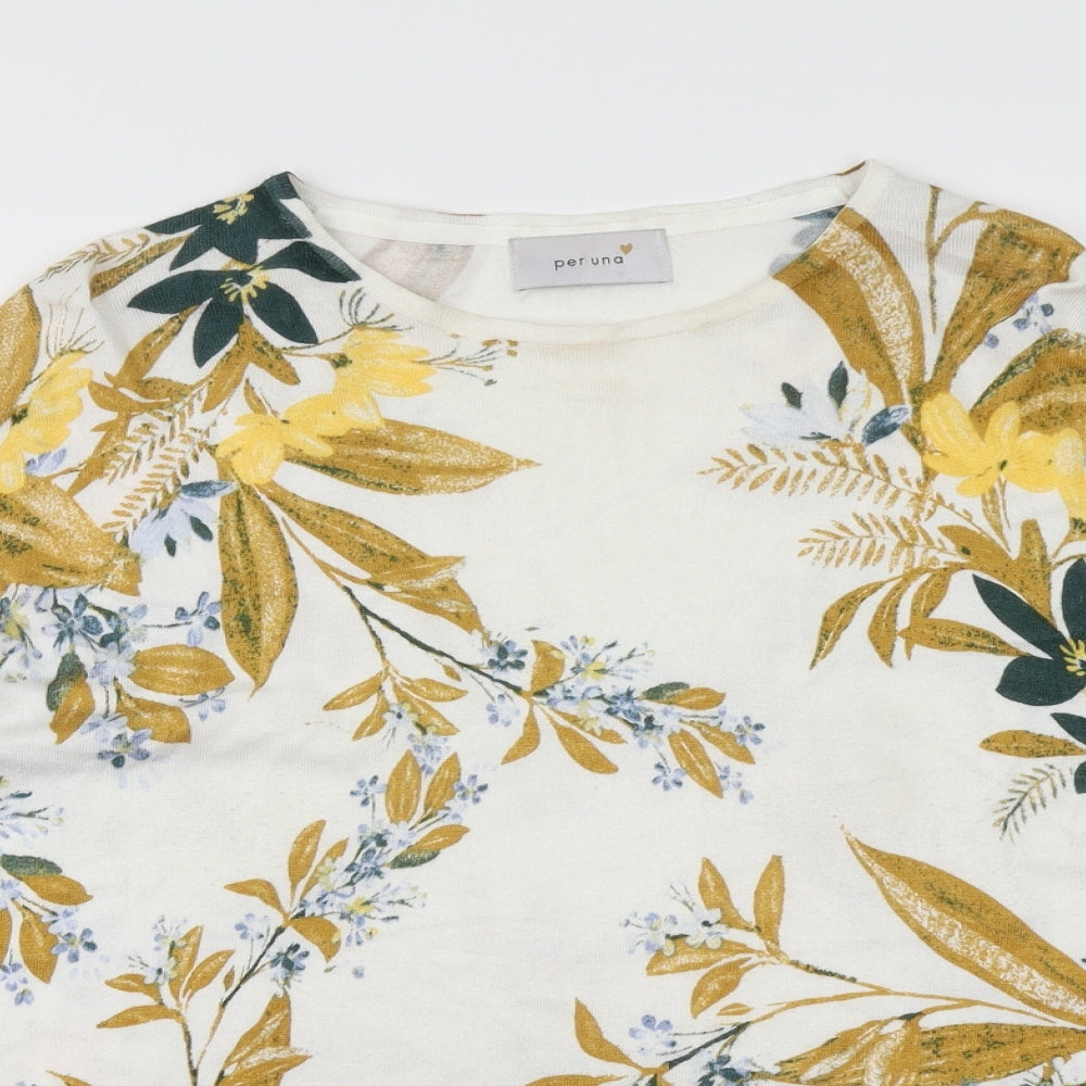 M&S Womens White Floral Knit Pullover Jumper Size 14