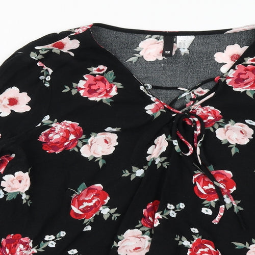 Divided Womens Black Floral  Basic Blouse Size 12