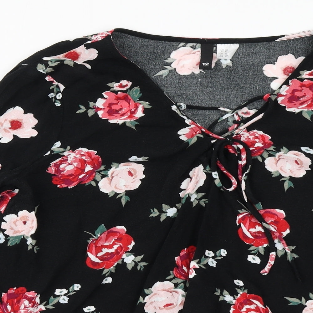 Divided Womens Black Floral  Basic Blouse Size 12