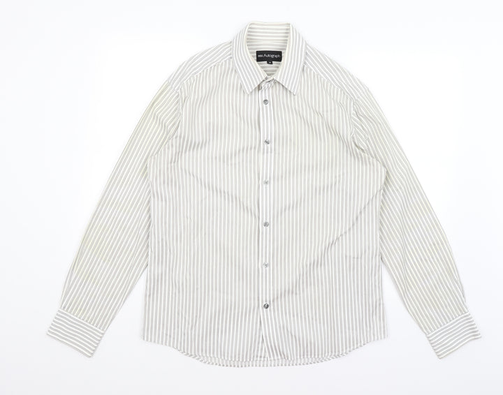 Autograph Mens White Striped Button-Up Size M