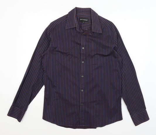 Front view of Autograph men’s blue striped button-up, size M