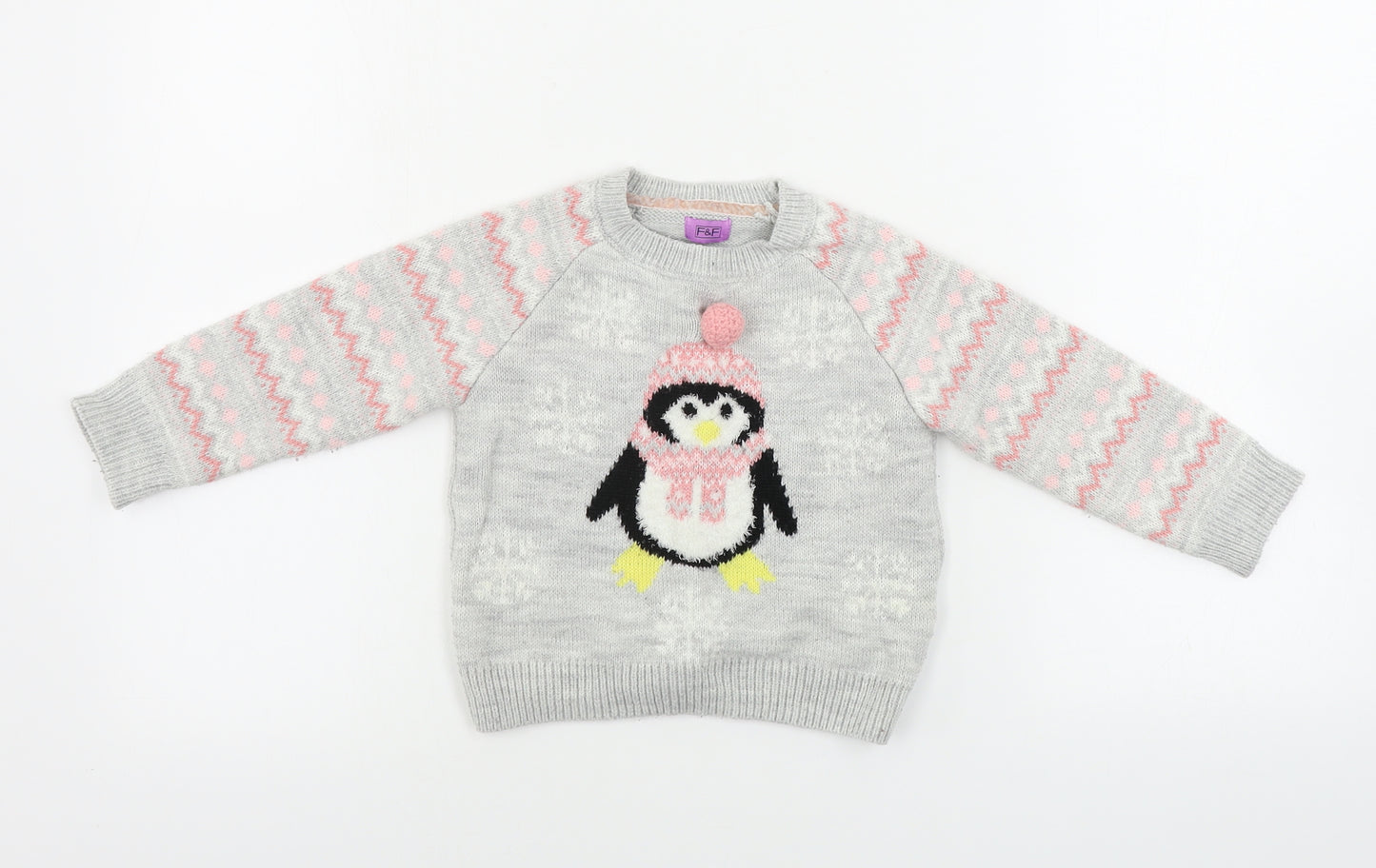 F&F  Girls Grey   Pullover Jumper Size 18-24 Months  - penguin pattern