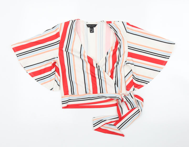 New Look Womens White Striped  Wrap Blouse Size 8