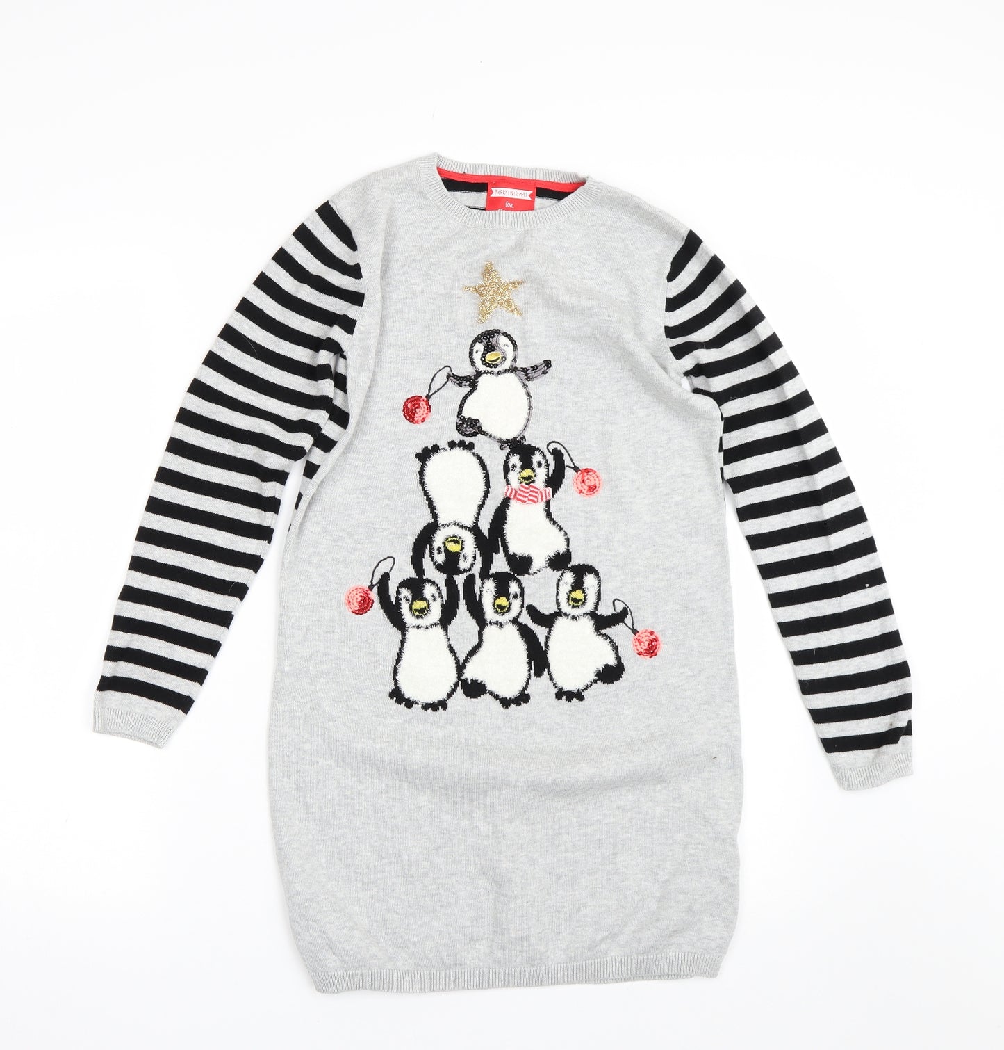 George Girls Grey Striped  Jumper Dress  Size 10-11 Years  - Christmas Penguin