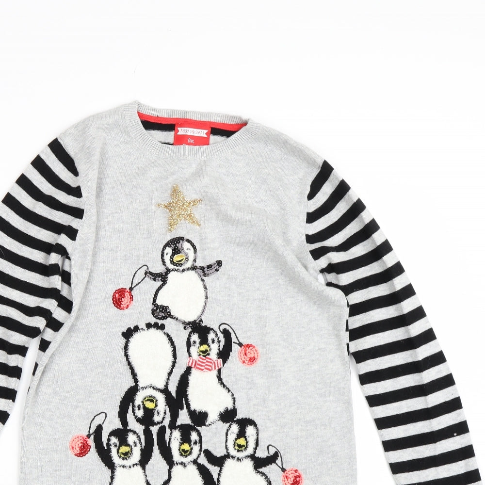 George Girls Grey Striped  Jumper Dress  Size 10-11 Years  - Christmas Penguin