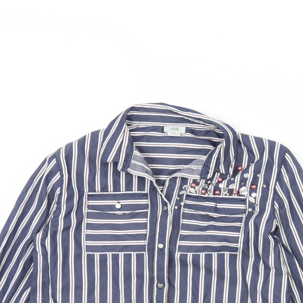 River Island Girls Blue Striped  Basic Button-Up Size 7 Years