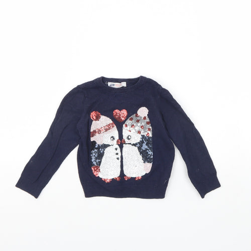 H&M Girls Blue   Pullover Jumper Size 2 Years  - Penguin