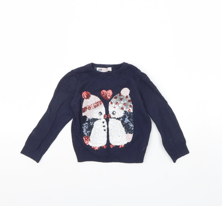 H&M Girls Blue   Pullover Jumper Size 2 Years  - Penguin