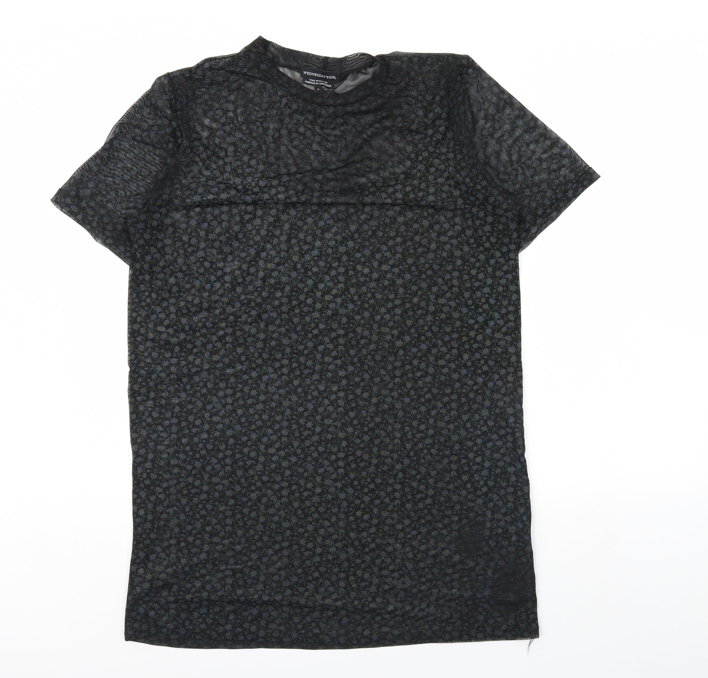 Wednesday's girl Womens Black Floral  Basic T-Shirt Size L