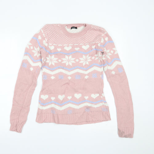 Boohoo Womens Pink Fair Isle  Pullover Jumper Size S