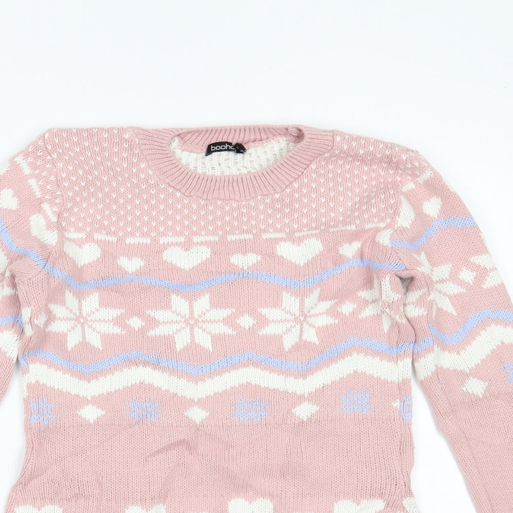 Boohoo Womens Pink Fair Isle  Pullover Jumper Size S