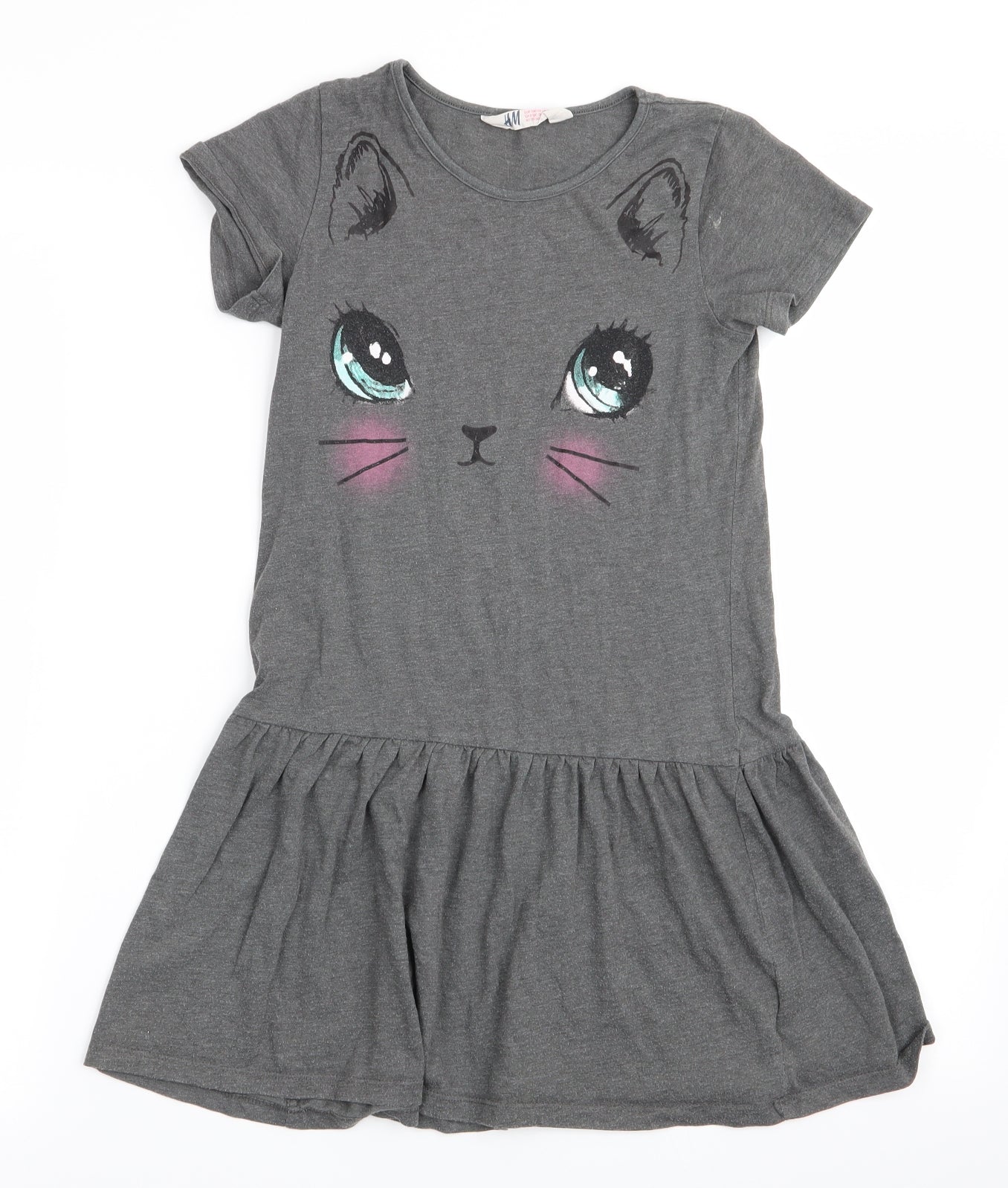 H&M Girls Grey Animal Print  Fit & Flare  Size 9-10 Years  - Cat Face on boddice