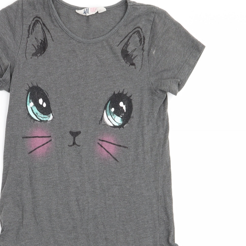 H&M Girls Grey Animal Print  Fit & Flare  Size 9-10 Years  - Cat Face on boddice