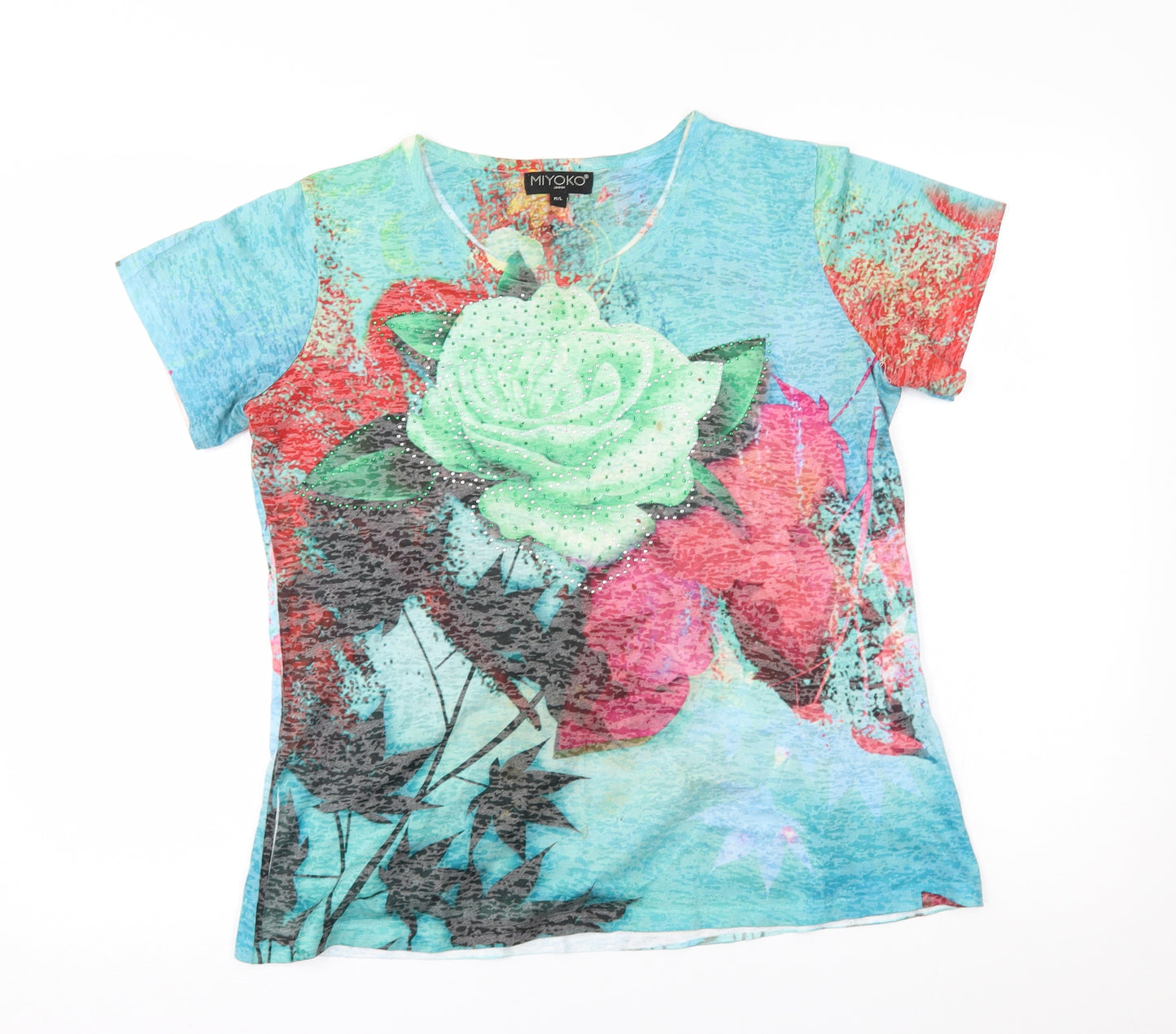miyoko Womens Blue Floral  Basic T-Shirt Size M
