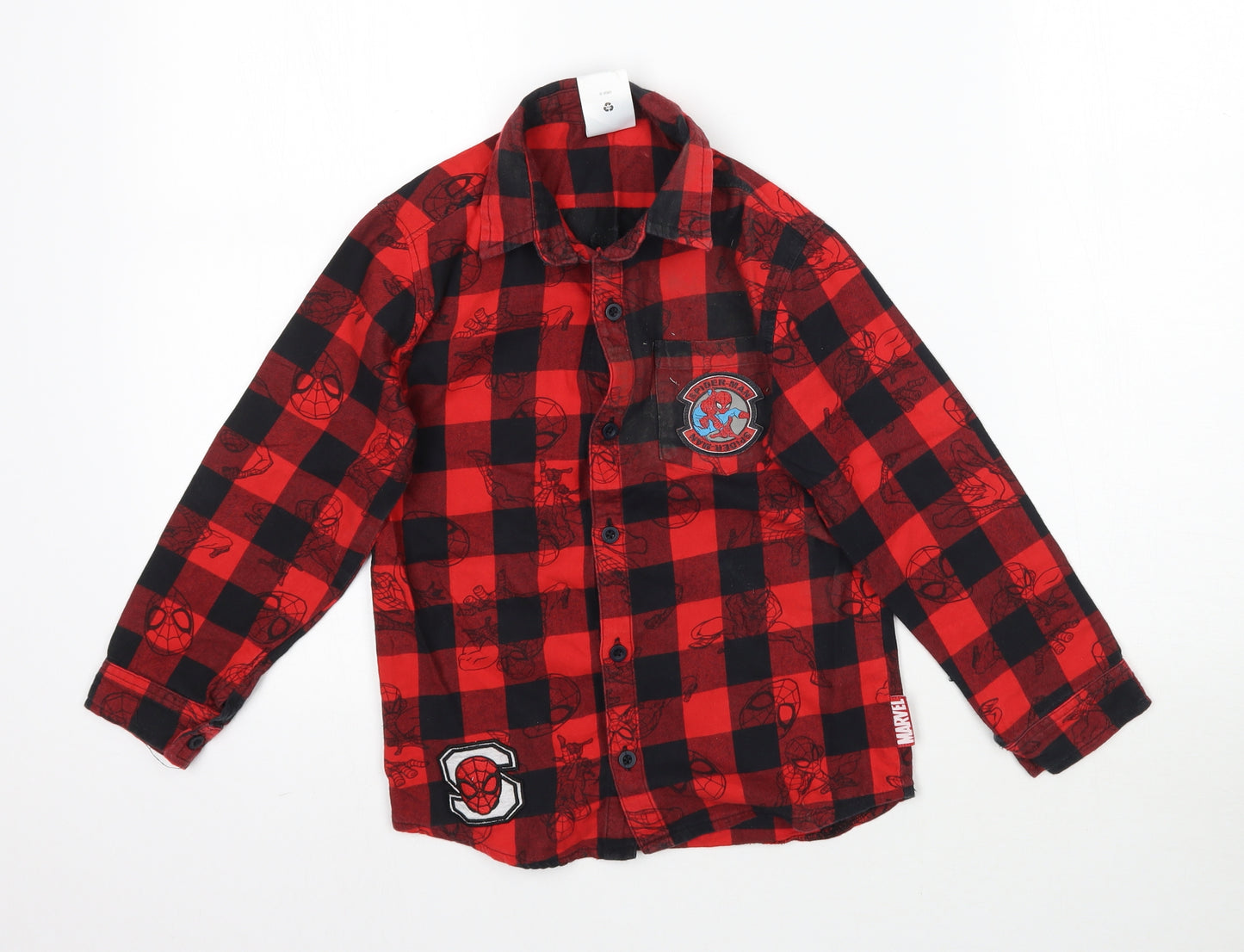 Disney Boys Red Plaid  Basic Button-Up Size 7-8 Years  - Spiderman Marvel