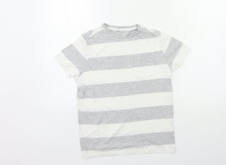 Marks and Spencer Boys Grey Striped Basic T-Shirt Size 9-10 Years