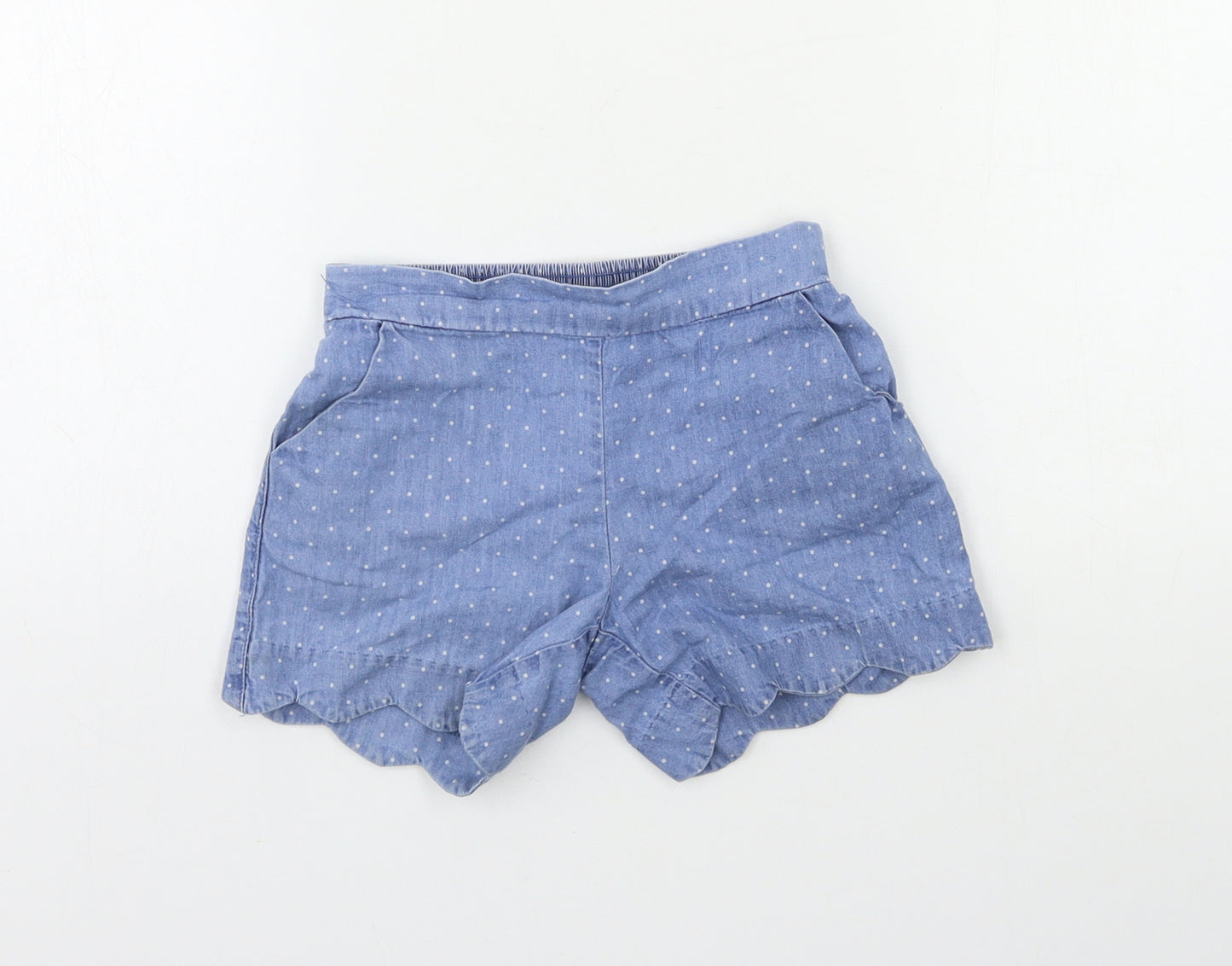 Mini Boden Girls Blue Polka Dot Denim Utility Shorts Size 4-5 Years