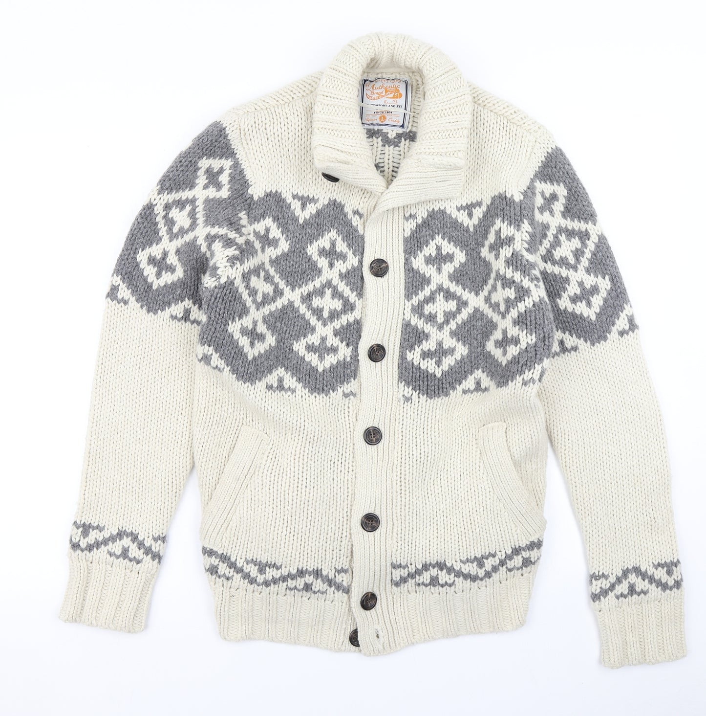 Burton Mens Ivory Fair Isle Knit Cardigan Jumper Size L