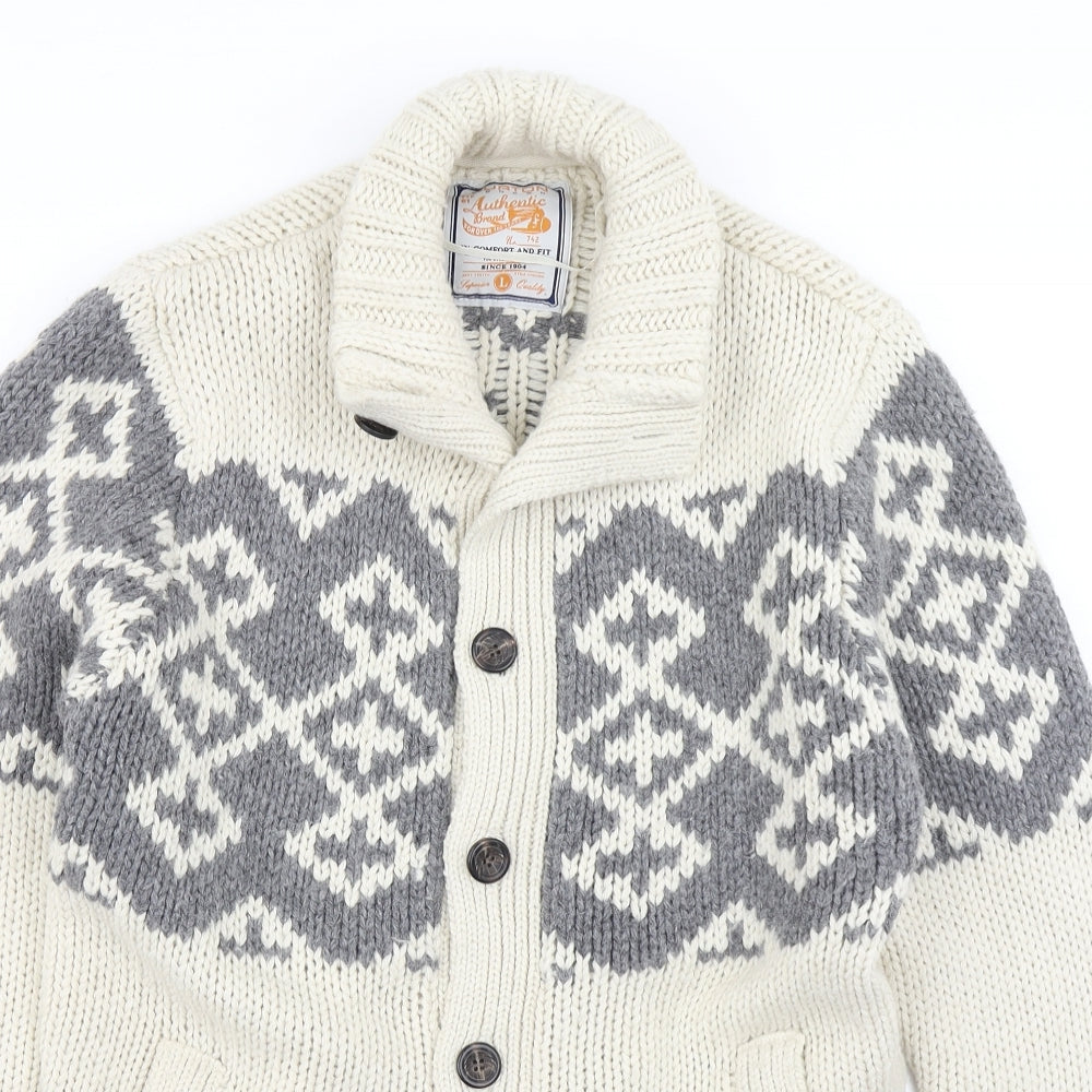 Burton Mens Ivory Fair Isle Knit Cardigan Jumper Size L