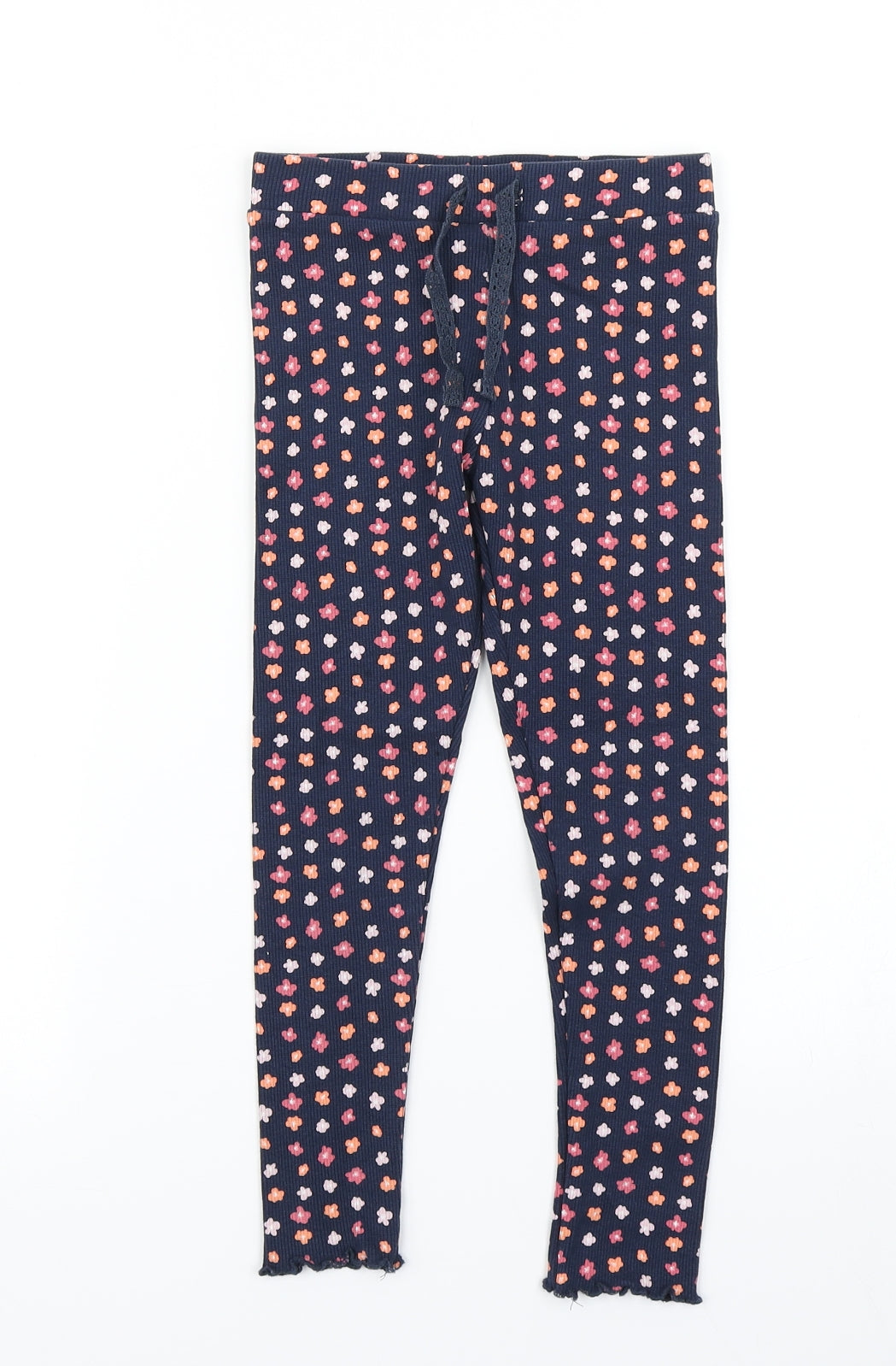 Primark Girls Blue Floral  Dress Pants Trousers Size 5-6 Years - Lettuce hem Cuffs
