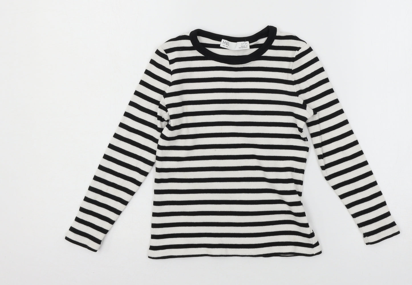 Marks and Spencer Girls White Striped Jersey Basic T-Shirt Size 6-7 Years