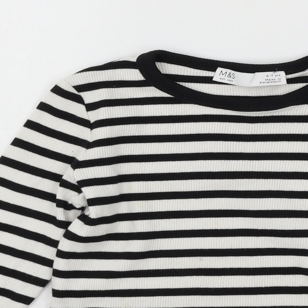 Marks and Spencer Girls White Striped Jersey Basic T-Shirt Size 6-7 Years