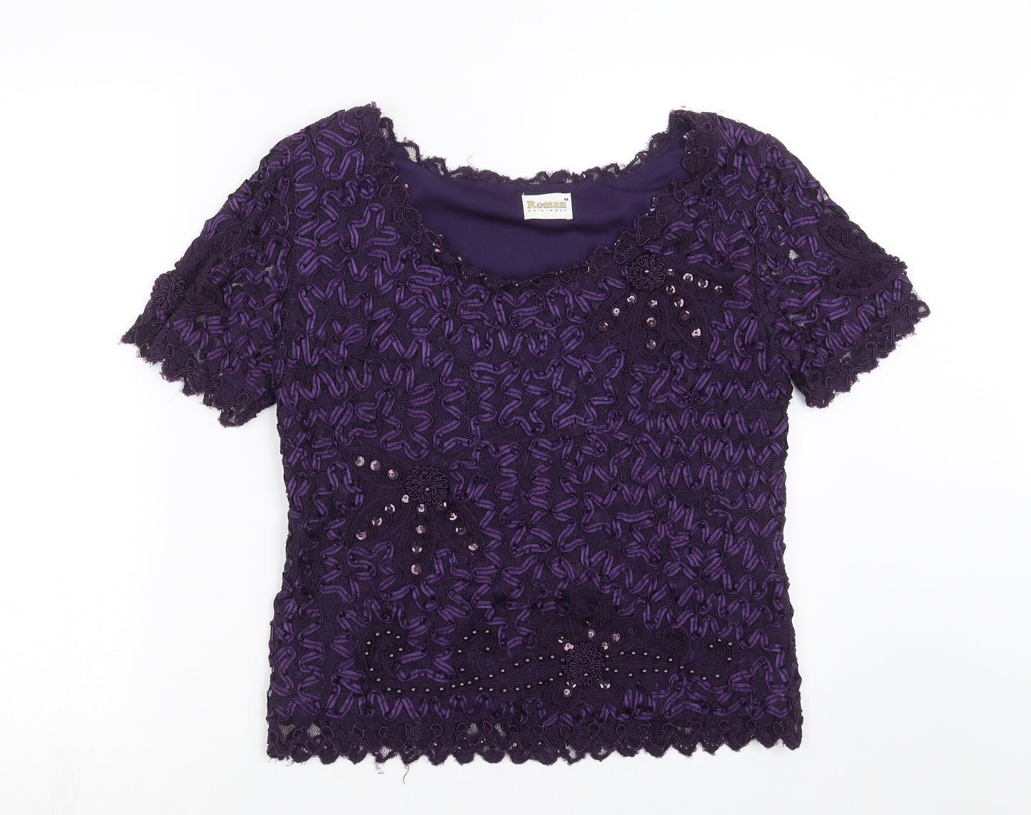 Roman Originals Womens Purple Floral  Basic Blouse Size M  - Embroidered detail