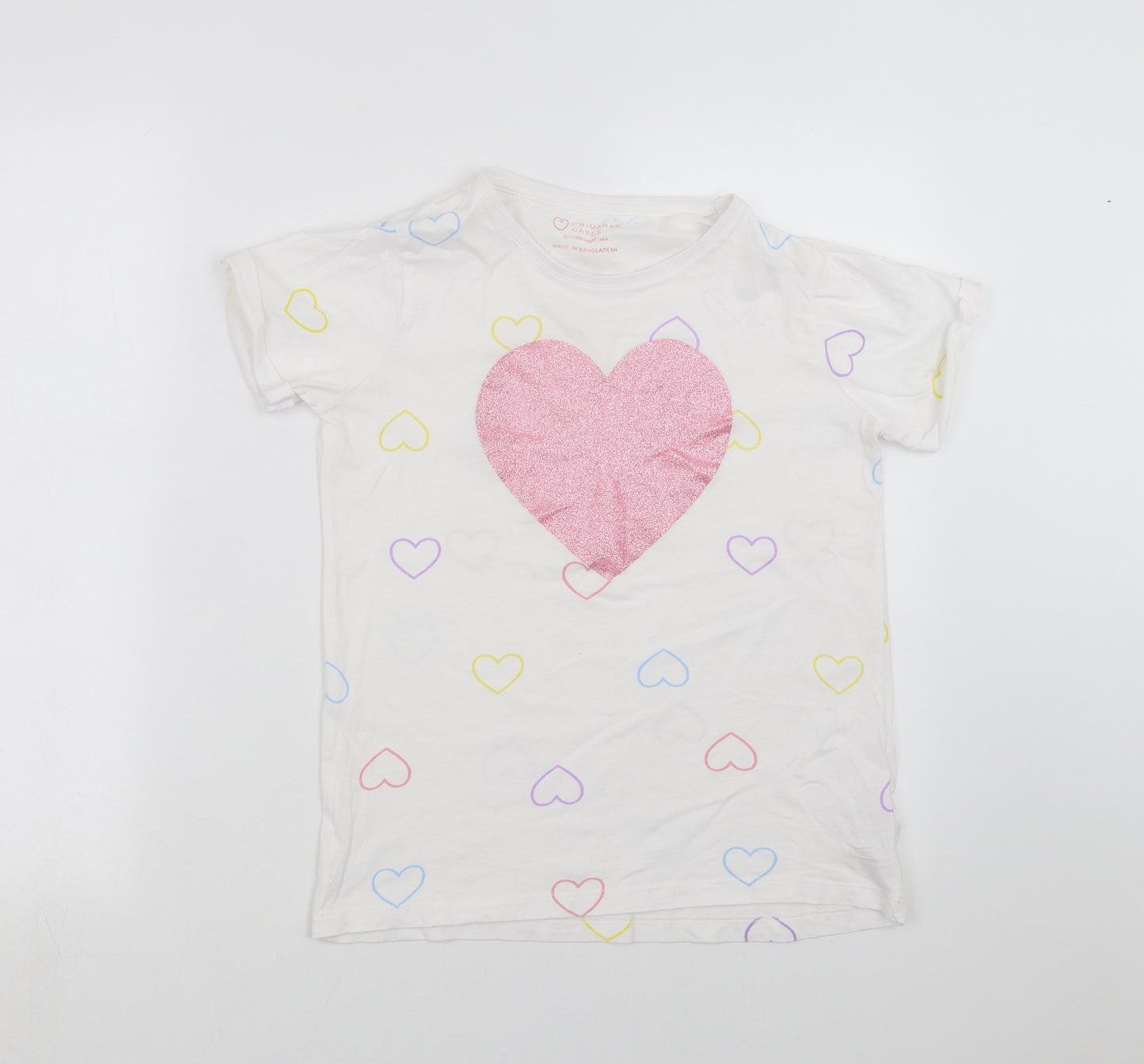 Primark Girls White   Basic T-Shirt Size 12-13 Years  - heart pattern