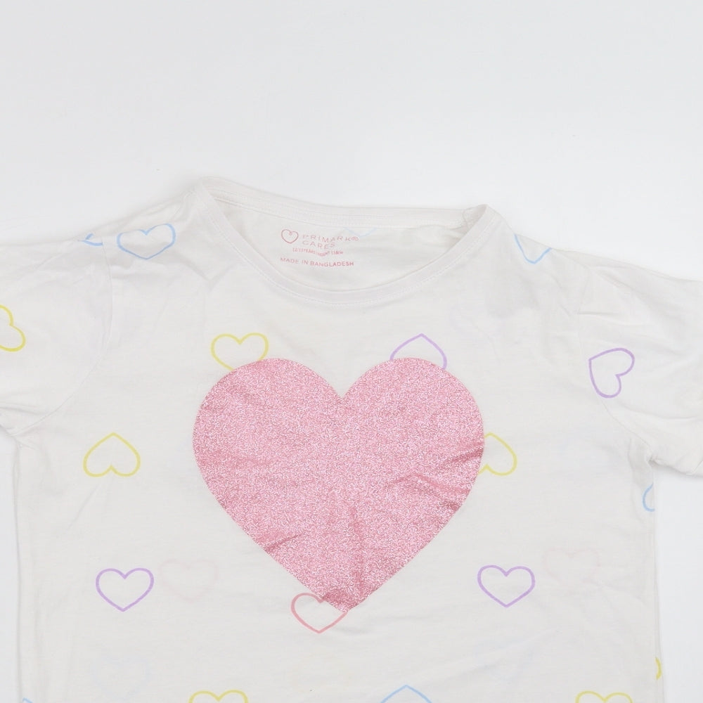 Primark Girls White   Basic T-Shirt Size 12-13 Years  - heart pattern