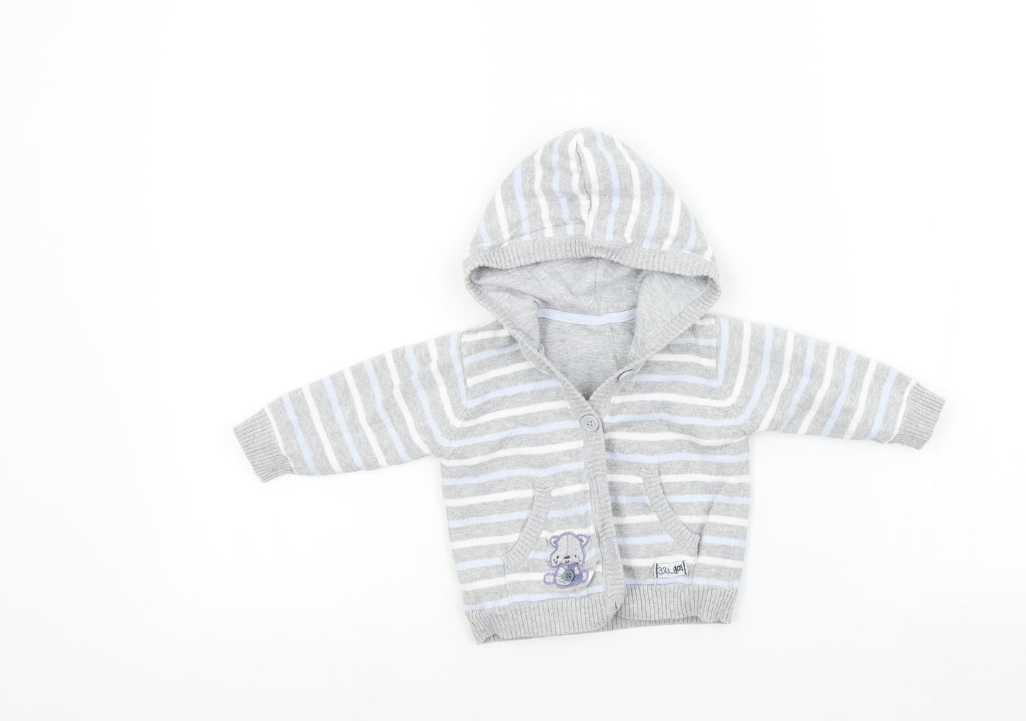 Preworn Baby Grey Striped  Cardigan Jumper Size 3-6 Months