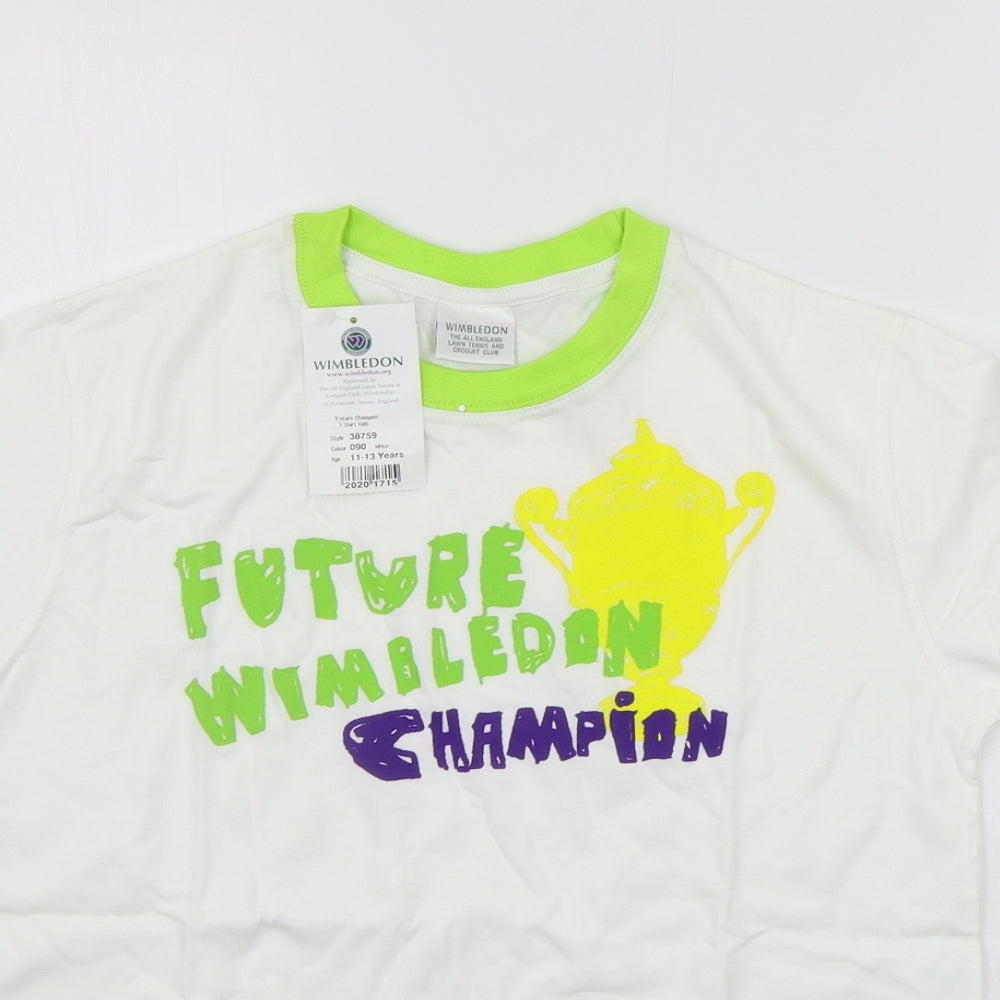 Wimbeldon Girls White Geometric  Basic T-Shirt Size 12-13 Years