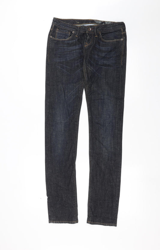 Front view of Preworn women’s blue denim skinny jeans, size UK 26, in, 32-inch leg