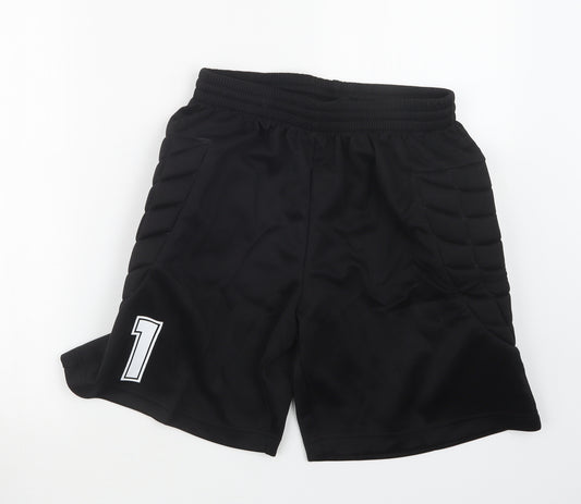 Front view of Soccer Kits men’s black athletic shorts, size 27, in