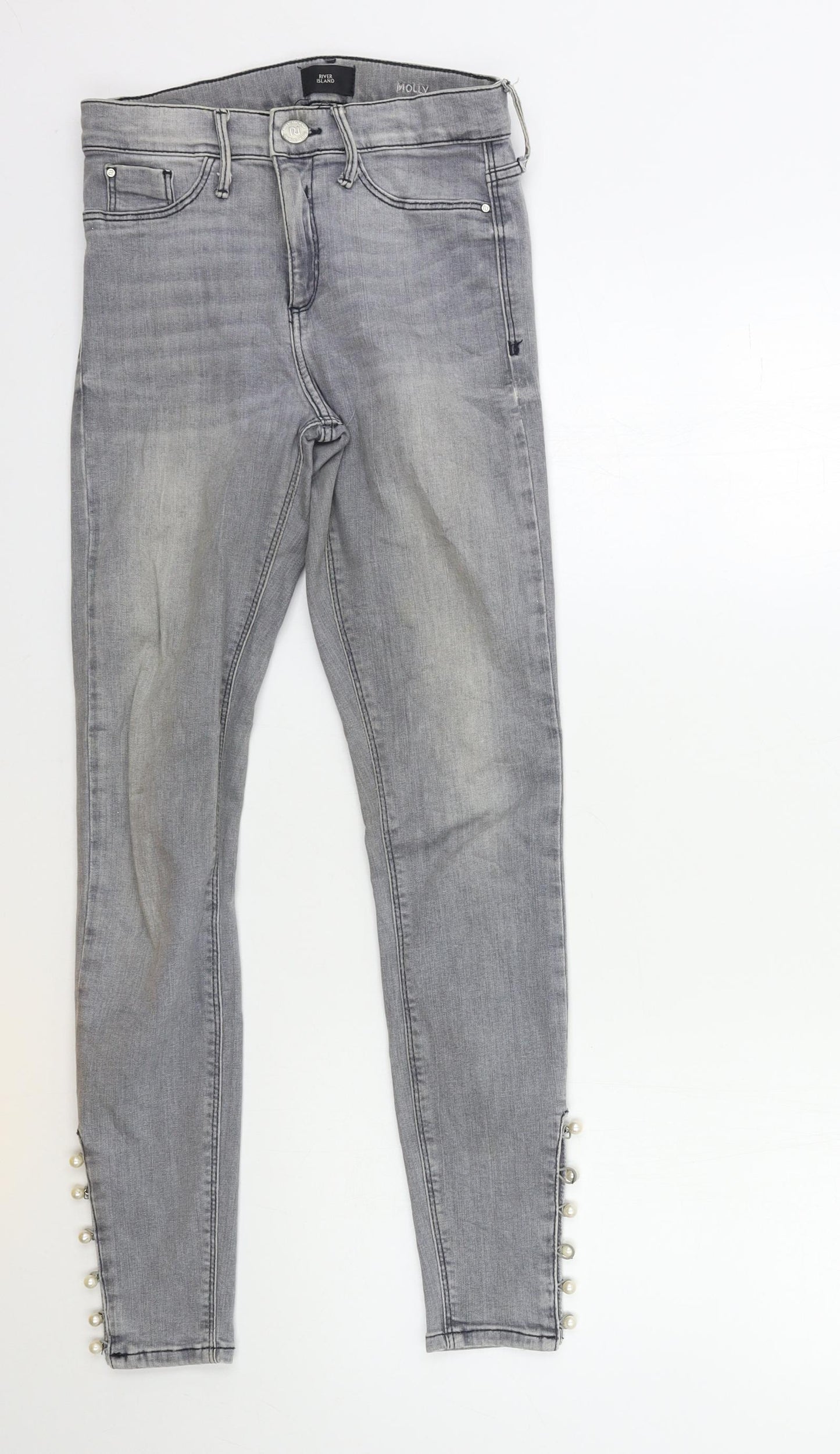 River Island Womens Grey  Denim Skinny Jeans Size 8 L27 in - pearl ankle detail