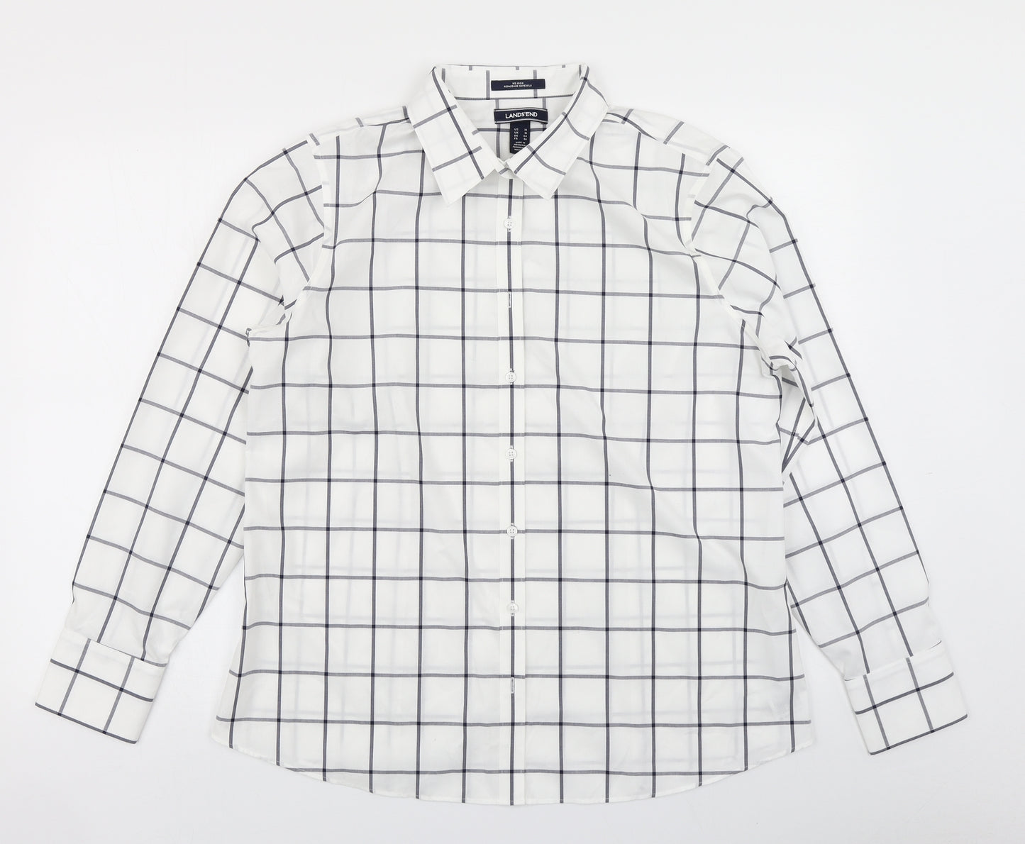 Lands' End Womens White Check  Basic Button-Up Size 14