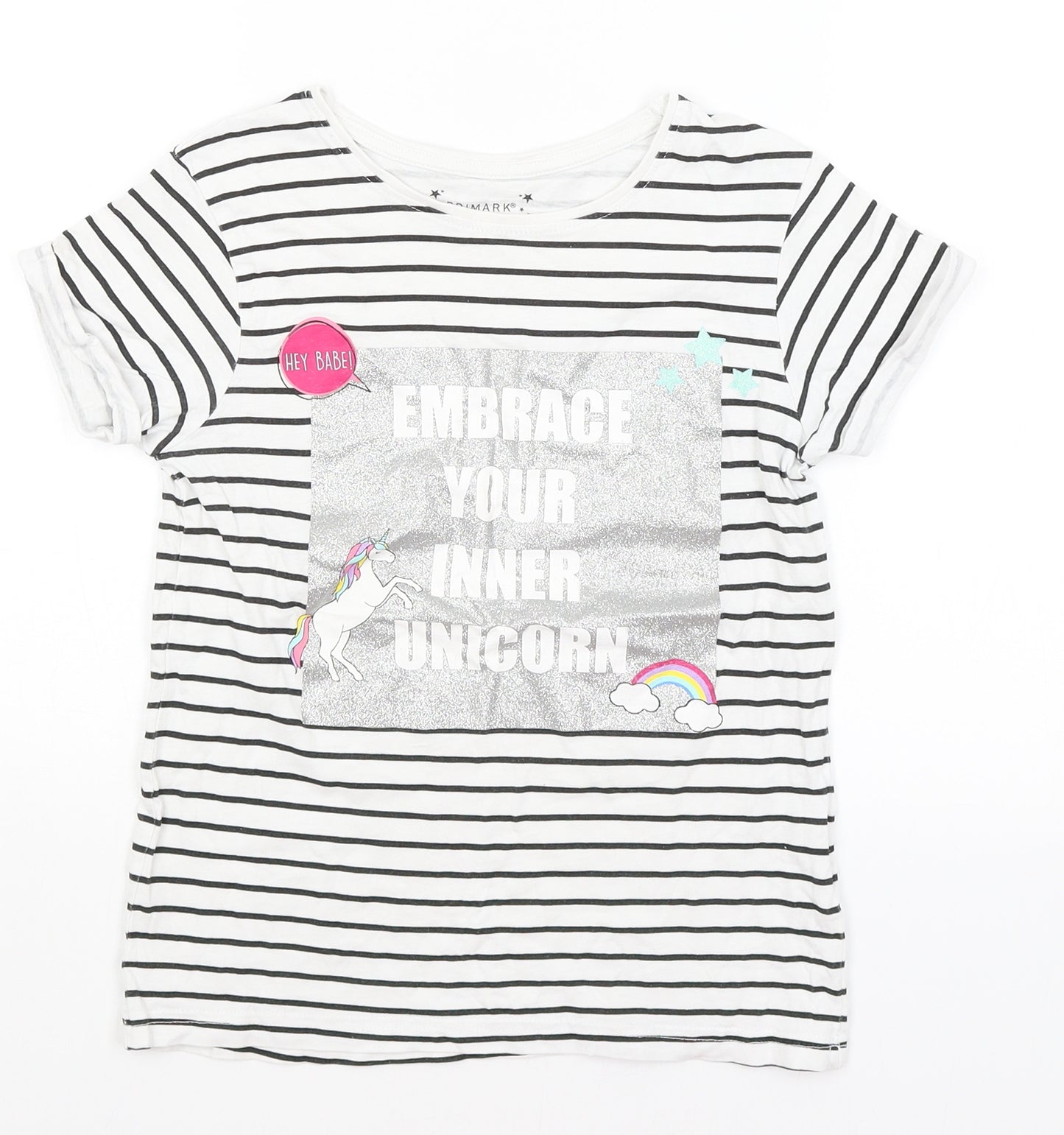 Primark Girls White Striped  Basic T-Shirt Size 9-10 Years  - Embrace Your Inner Unicorn