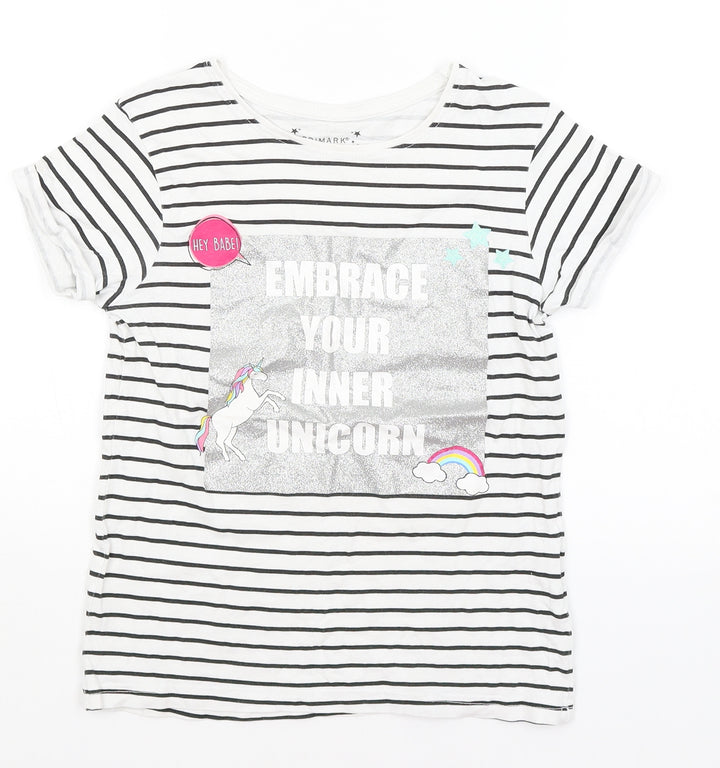 Primark Girls White Striped  Basic T-Shirt Size 9-10 Years  - Embrace Your Inner Unicorn