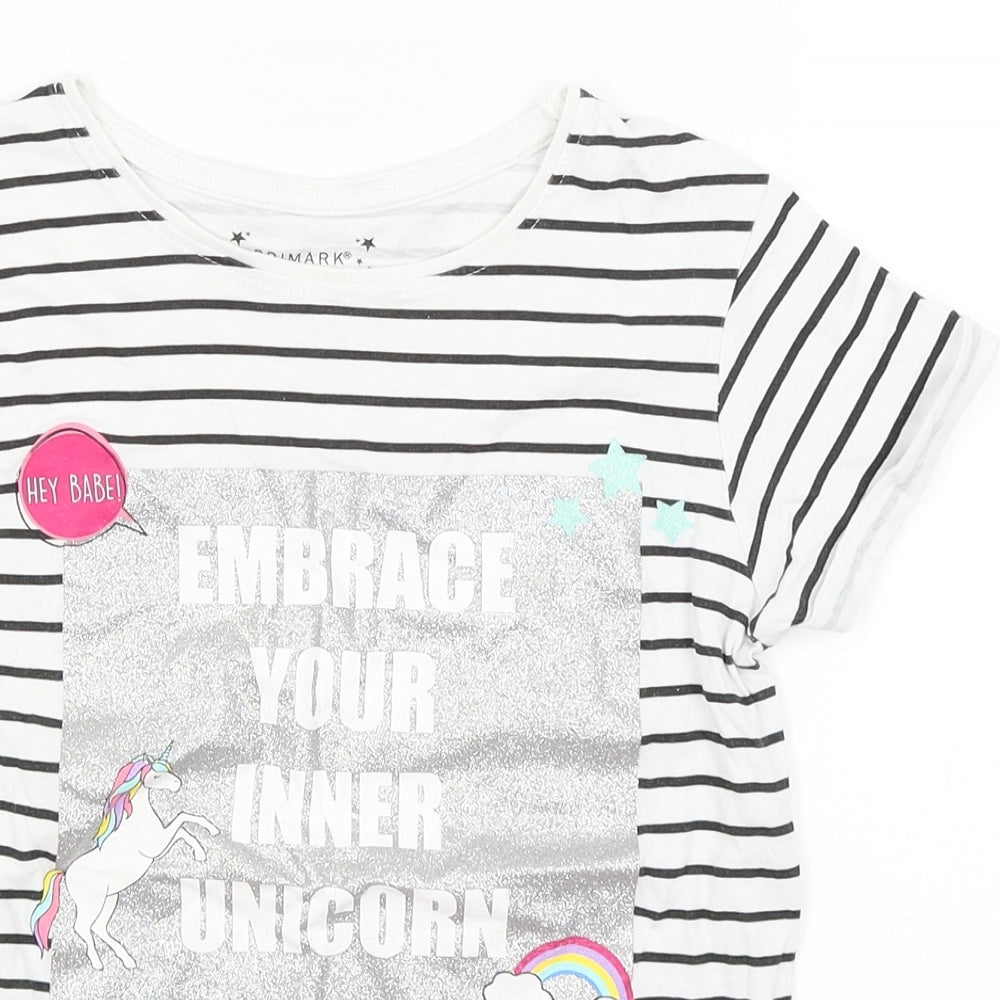 Primark Girls White Striped  Basic T-Shirt Size 9-10 Years  - Embrace Your Inner Unicorn