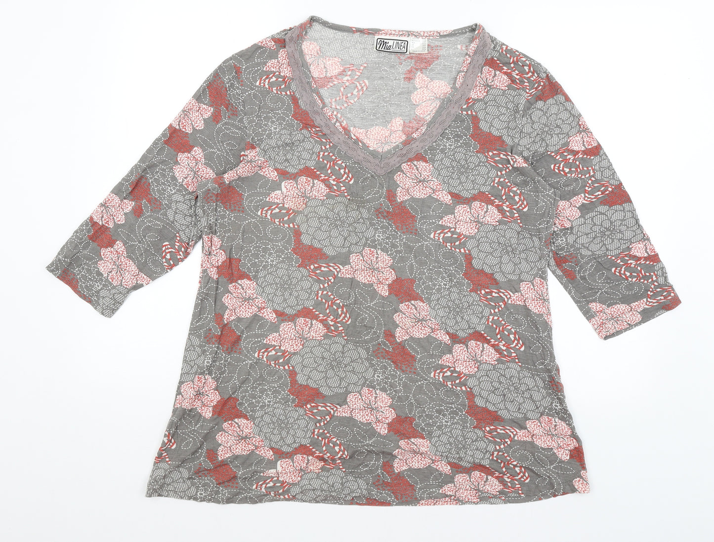 Mia Linea Womens Grey Floral  Basic T-Shirt Size 18
