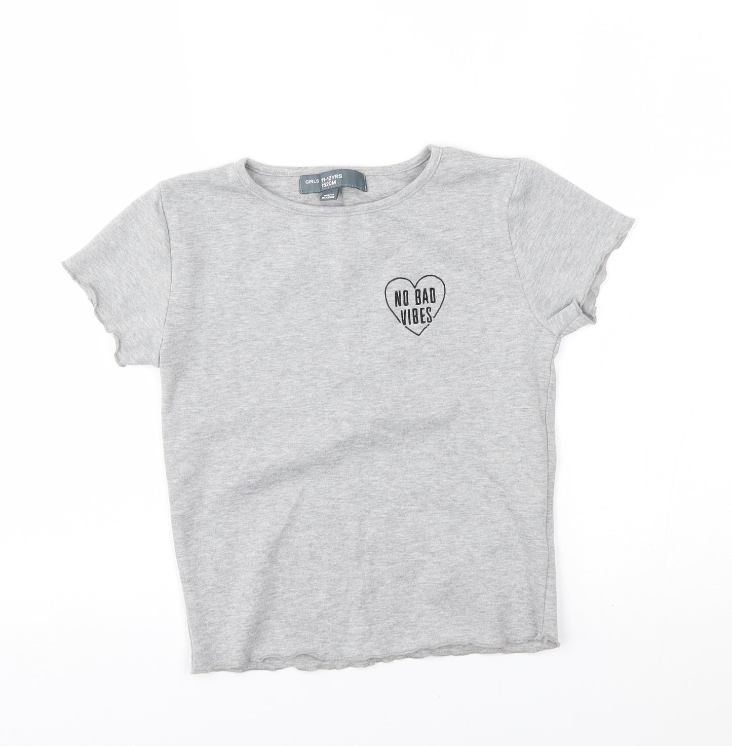 Primark Girls Grey   Basic T-Shirt Size 11-12 Years  - no bad vibes