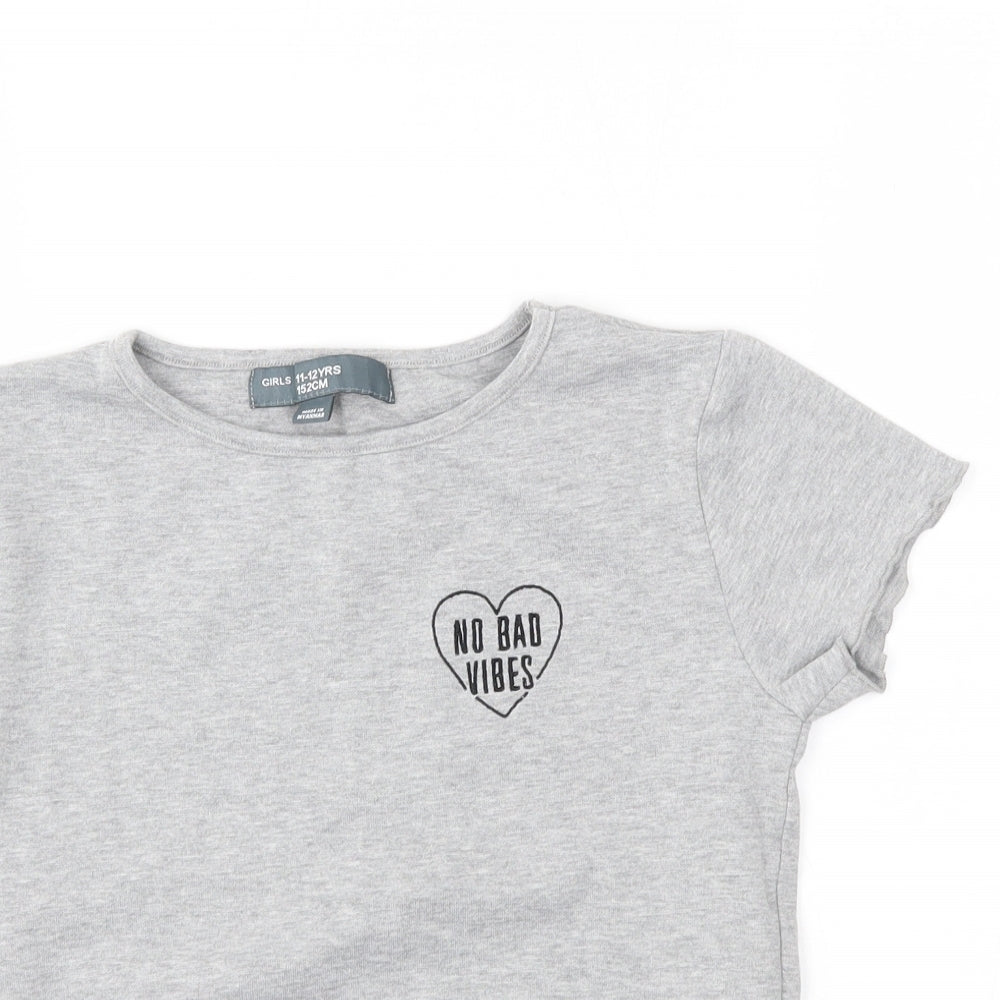 Primark Girls Grey   Basic T-Shirt Size 11-12 Years  - no bad vibes