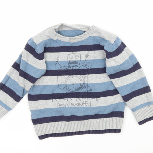 Preworn Boys Blue Striped Knit Pullover Jumper Size 9-12 Months  - Rock Band