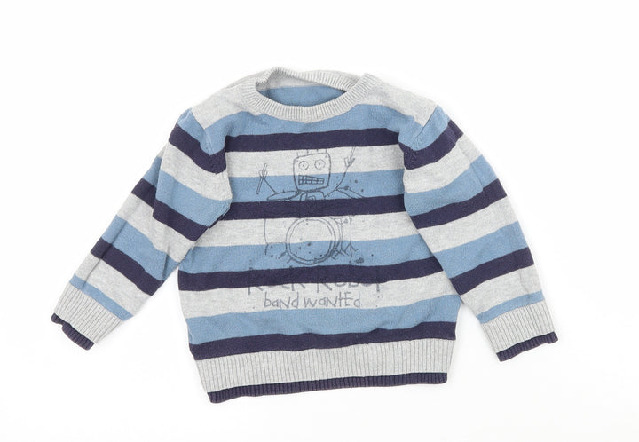 Preworn Boys Blue Striped Knit Pullover Jumper Size 9-12 Months  - Rock Band