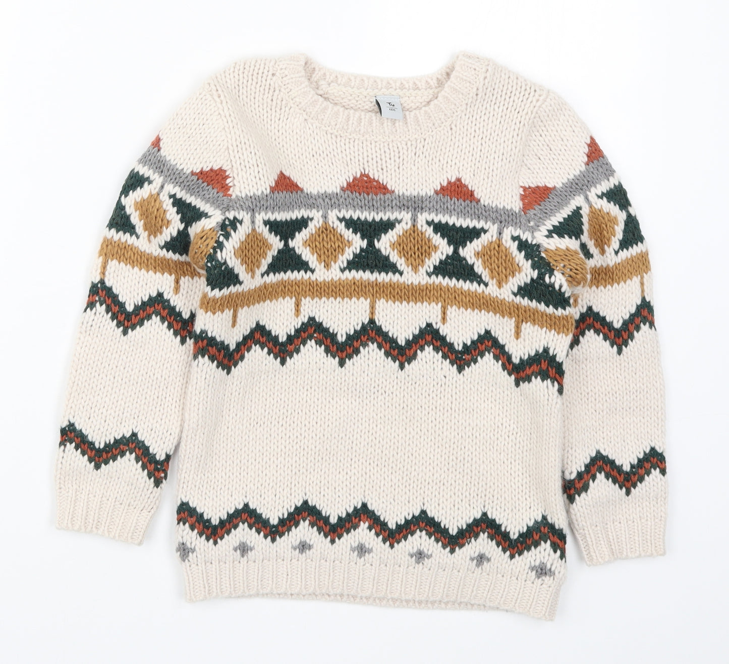 TU Boys Beige Fair Isle Knit Pullover Jumper Size 5-6 Years